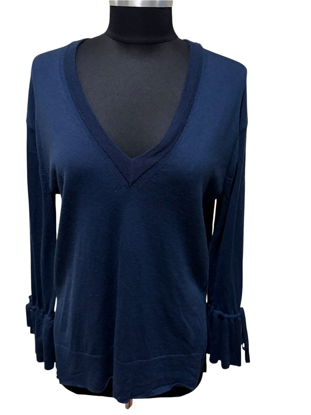 J. Crew Navy V-Neck Tie-Sleeve Sweater size S - Picture 2 of 10